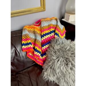 Bohemian Hand Crocheted Granny Square Afghan Throw Blanket 68"x47"